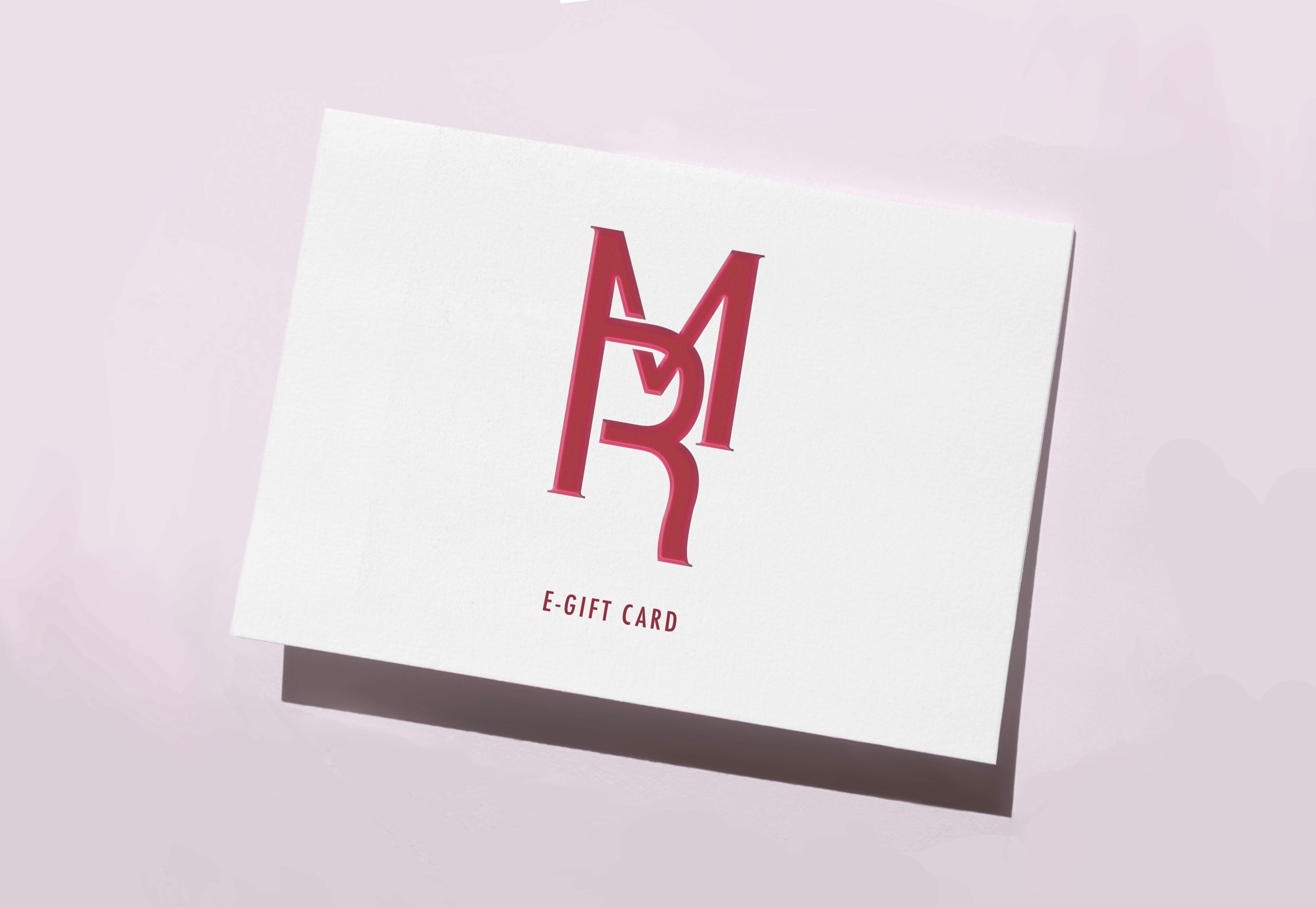 White e-gift card with red logo and text on a light pink background