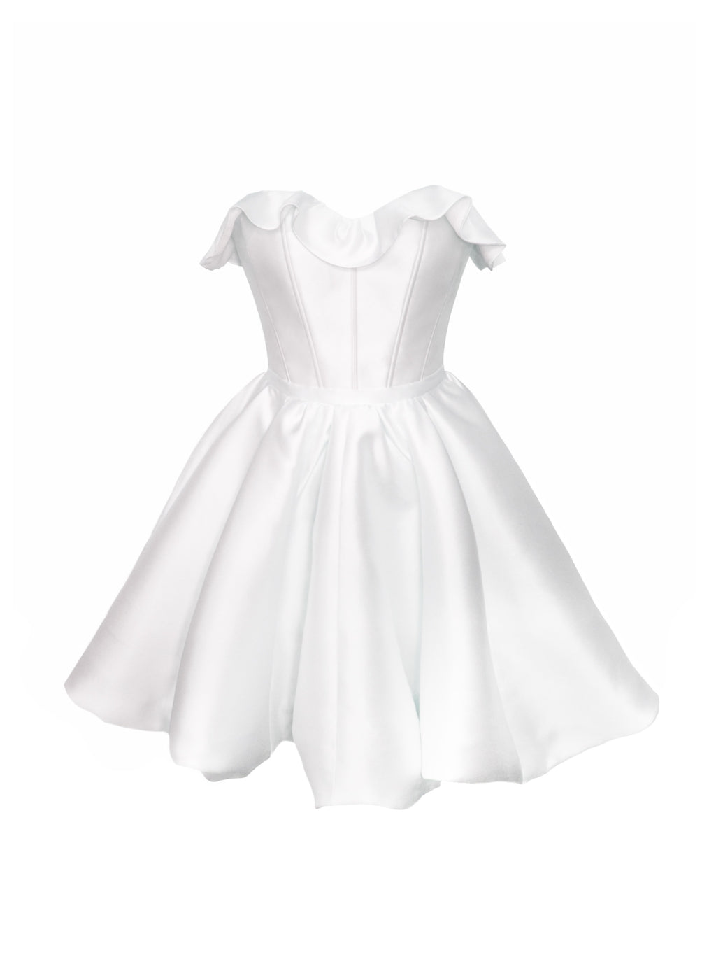 White lustrous strapless mini dress against a white background.