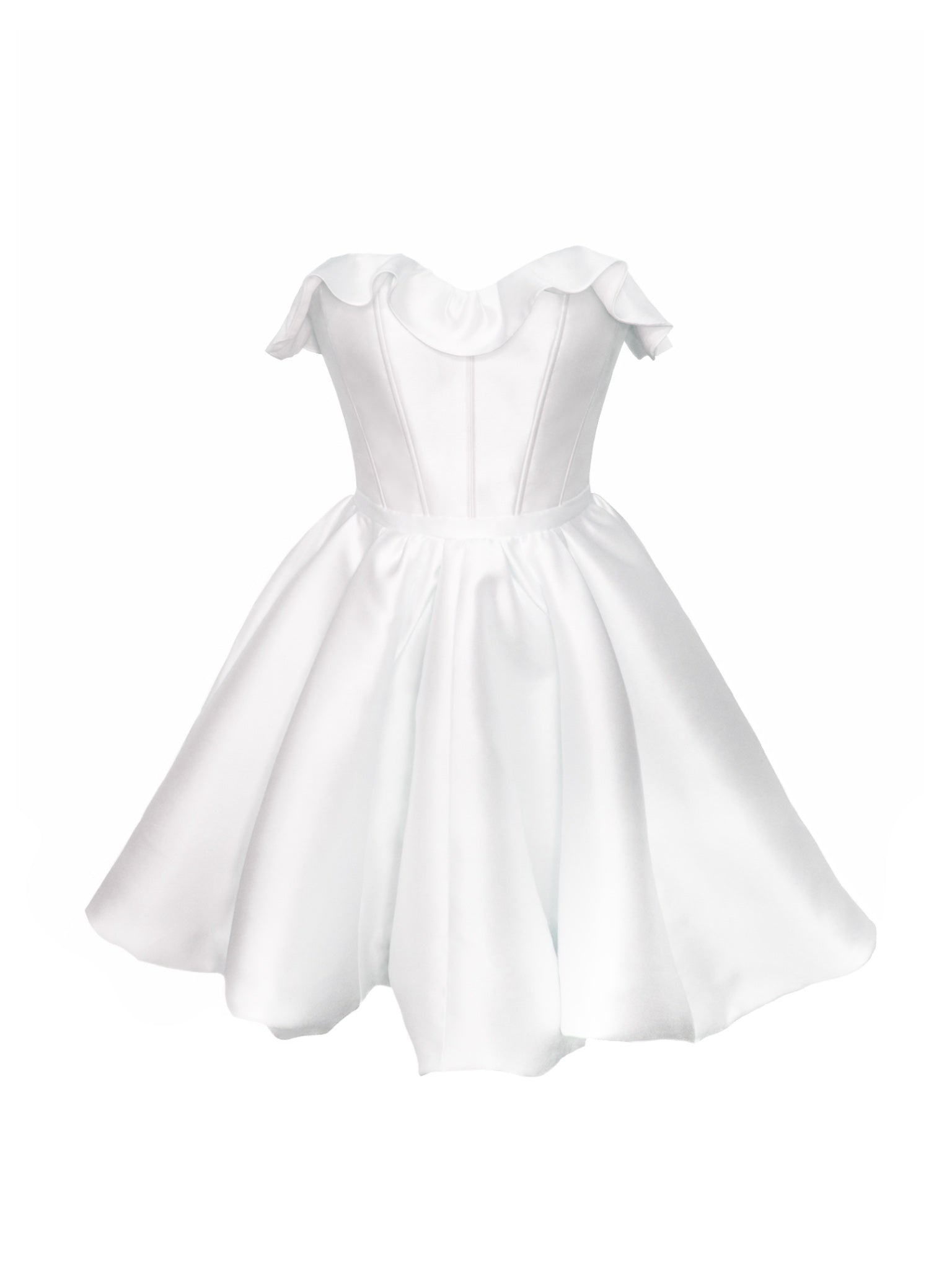 White lustrous strapless mini dress against a white background.