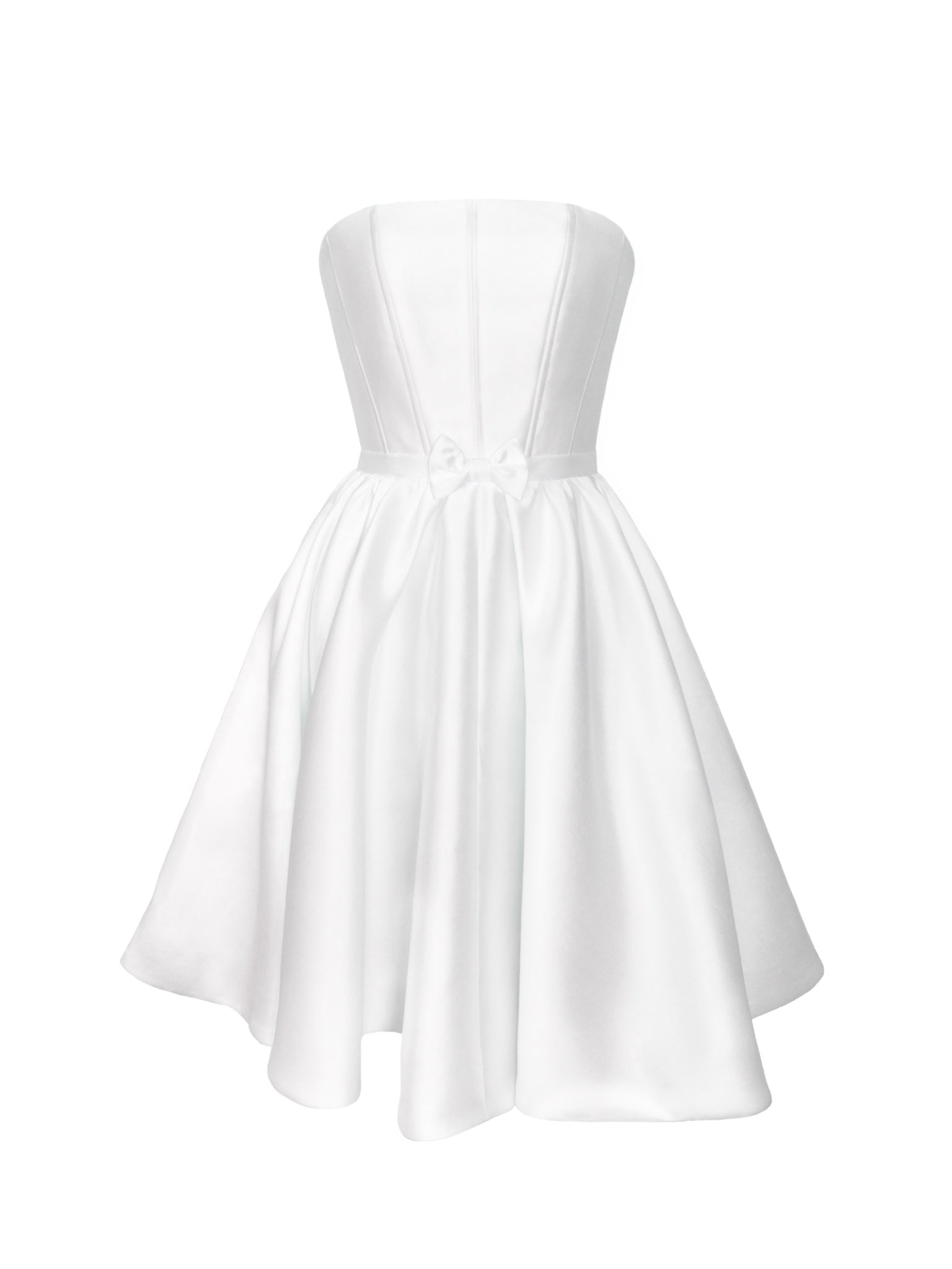 White lustrous strapless knee length dress on a white background
