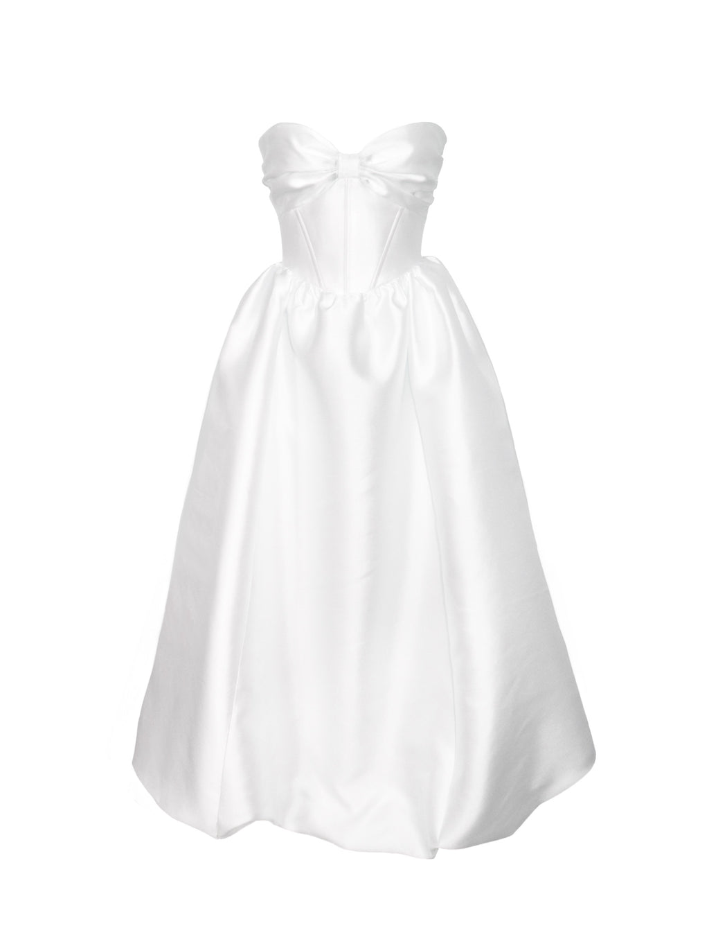 A white lustrous strapless floor length gown against a white background.