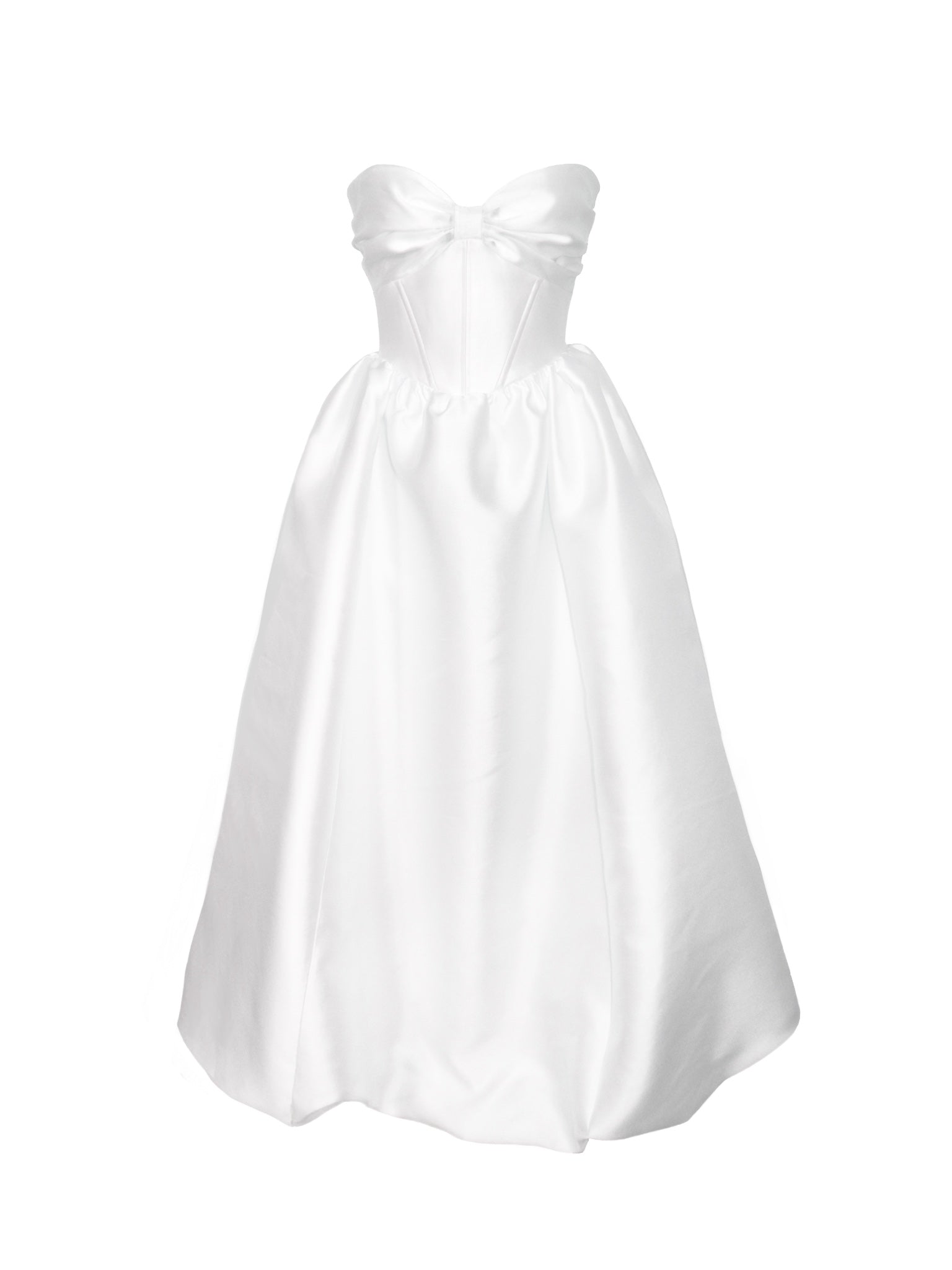 A white lustrous strapless floor length gown against a white background.
